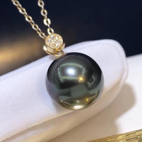D530 Pearl Pendant Fine Jewelry Solid 18K Gold Round 10-11mm Nature Sea Water Tahiti Black Pearls Pendants Neckalces for Women
