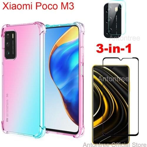 For Xiaomi Mi Poco M3 Camera Lens + Crystal Clear Gradient Rainbow Soft Case Silicon Casing + Front Screen Protector Glass Guard