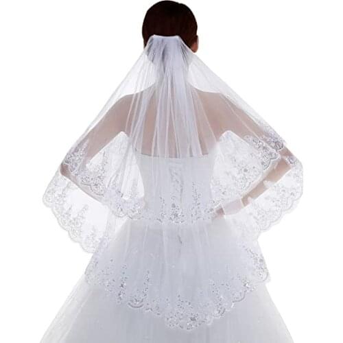 2 Tier Lace Sequins Edge Fingertip Length Bridal Wedding Veil