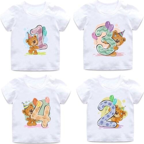 Boy Girl Birthday Bear Number 1 2 3 4 8 9 Bow Print T shirts Baby cute Cartoon Funny Round Neck Girls T-shirt Best Birthday Gift