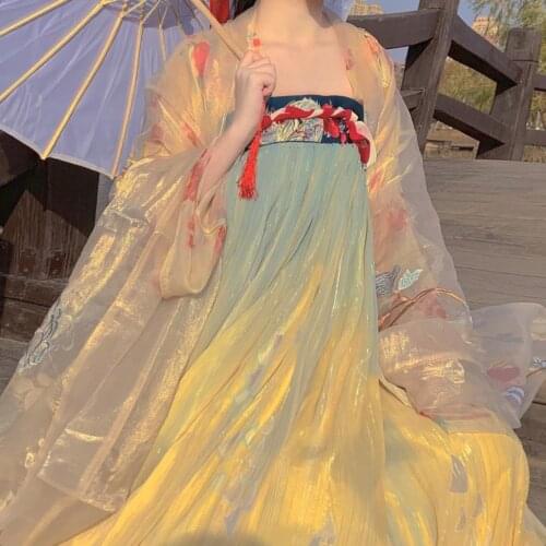 2021 hanfu costume improved chinese flower printing element women dress gradual change skirt chinese style hanfu dress costumes