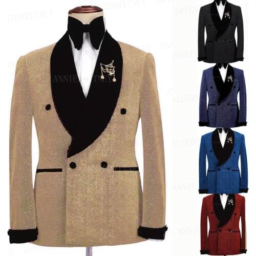 New Shiny Golden Men Suit Double Breasted Gentleman Prom Tuxedo Wedding Groom Dress Suit Jacket and Pant Singers Performance Set