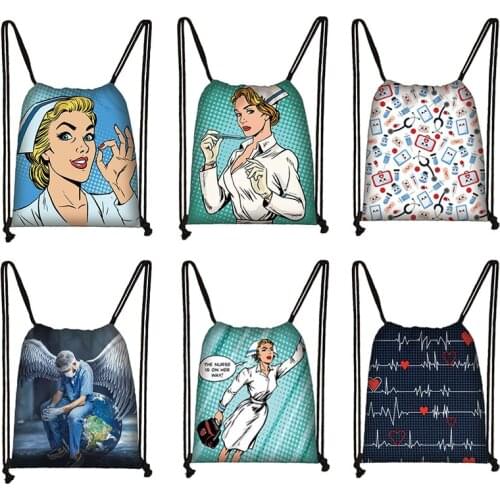 Beautiful Nurse Doctor Drawstring Bag Women Canvas Backpack Ladies Ruck Large Capacity Storage Bag For Travel Shoes Holder