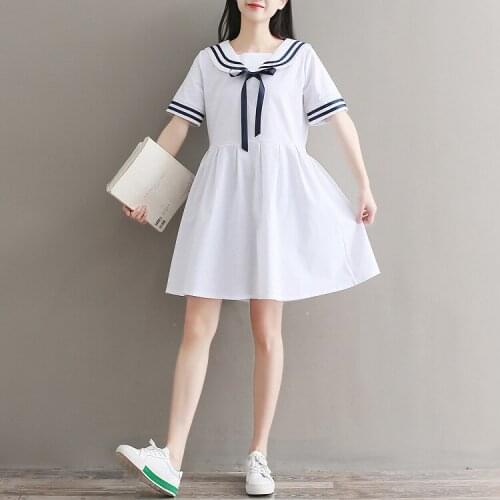 Summer Students Sailor Dresses School Uniform Girls Preppy Cute Loose Short Sleeve Cotton Navy Blue White Dress