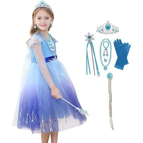 Princess New Elsa Dress Girls Snow Queen 2 Elza Costume with Cloak Kids Halloween Party Cosplay Fancy Gowns Cosplay Elsa Vestido
