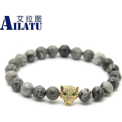 Ailatu Jewelry Wholesale 8mm Grey Veined Picture Natural Stone Bead Macro Inserts Zircon Leopard Charm Bracelet