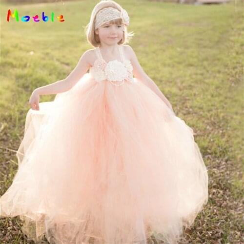 Peach Flower Girls Tutu Dress for Summer Girl Beach Dresses Bridesmaid Wedding Dress Kids Party Dresses for Birthday and Dance