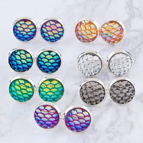 Simple round Mermaid AB color Metal gray Flake Patch copper Stud Earrings For women Good quality Prevent allergy Hot sale