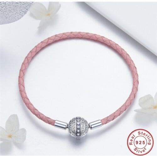 Fit Pan Charm Original 925 Sterling Silver Genuine Leather Bracelet diy S925 Round CZ Pink Beads Snake Chain for Jewelry Making