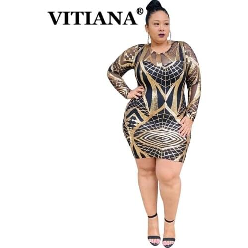 VITIANA Women Plus Size 5XL Party Dresses For Fat Womens Female Mesh Sequined Geometric Sexy Pencil Dress Femme Club Vestidos