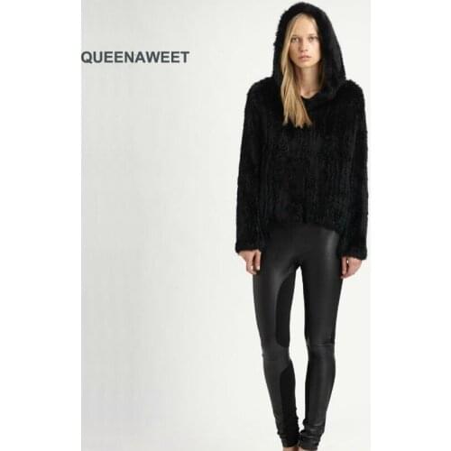 Real Fur Knitted Rabbit Fur Coat With Hood Fur Jacket Winter Overcoat Women Jacket Top Quality