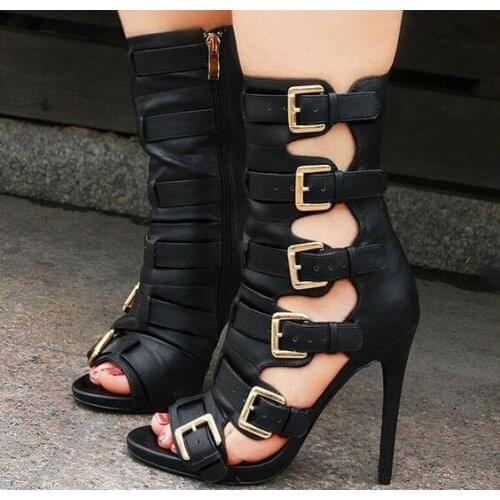 Newest Chic Sexy Woman Khaki Black Python Animal Print Buckles Short Sandals Boots Ladies Peep Toe Cuts Out 12 CM Heels Boots