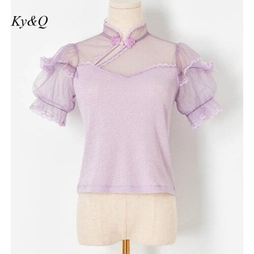 Designer 2021 Summer New Retro Chinese Style Cheongsam Collar Mesh Lace Splicing Knitted Short Sleeve Womens Tops T-Shirt