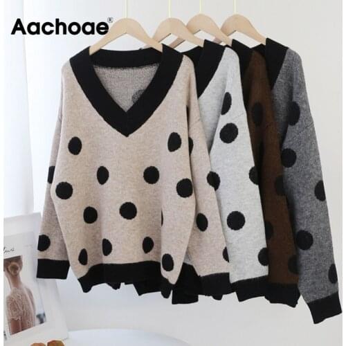 Aachoae Autumn Winter Polka Dot Sweater Women Batwing Long Sleeve Casual Pullover Top Female Knitwear V Neck Jumper 2020