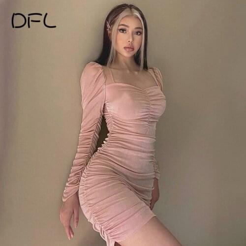 DFLlifes Women Dresses Velvet Long Puff Sleeve Square Neck Corset Bodycon Dress Stretch Sexy Clubwear Rushed Mini Robe Hot 2021