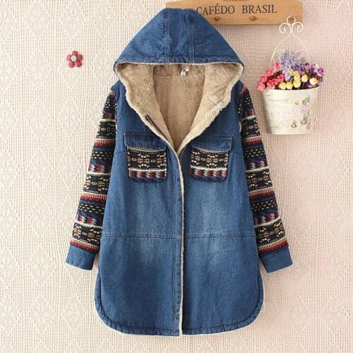 Women Denim Winter Coat 2019 Casual Loose Print Patchwork Plus Velvet Thick Outerwear Tops Warm Long Denim Padded Jacket Female