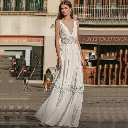 Eightree Summer Beach Wedding Dresses V Neck Open Back Bride Dress 2021 Lace Wedding Gowns Floor Length Women Mariage