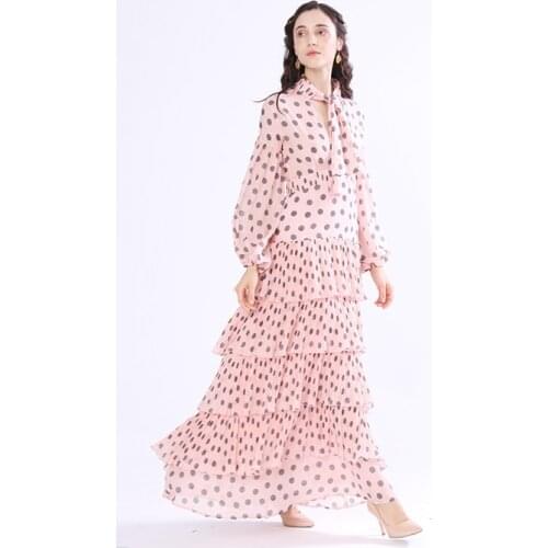Pink chiffon polka dot floral layers cake dress women robe 20 summer long casual beach sexy dresses plus size slim fit