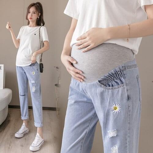 2020 Maternity Denim Jeans Summer Thin Loose Belly Clothes for Pregnancy Women Cotton Pregnant Embroidery Pants New Fashion
