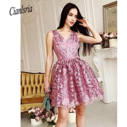2020 V-Neck A-Line Sleeveless Rosy Brown Lace Short Homecoming Dress Lace Juniors Dress