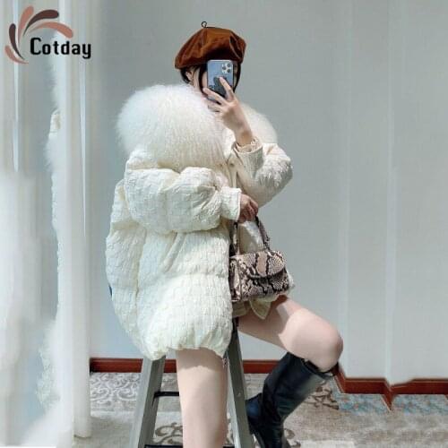 Cotday White Duck Down Heavy Hair Collar Loose Fashion Winter Warm Long Women Audrey Hepburn Small Sweet Wind Parka Coat