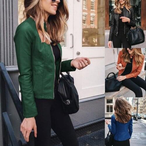 Women PU Leather Blazer Jackets Zippers Stand Collar Office Fashion Coat Outerwear -OPK