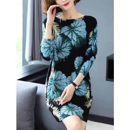Print Long Sweater Dress Autumn Fashion Long Sleeve Pullovers Knitwear Jumper Plus Size Pull Long Sweater Women
