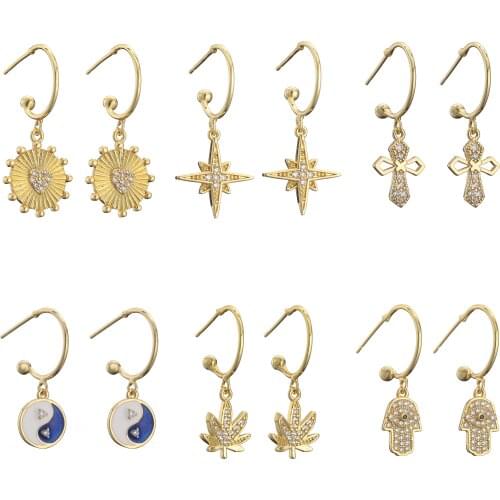 HECHENG,1 Pair,Hands Leaf Heart Cross Star Shape Earrings,For Women Grils Valentines Day Gift ,Copper Jewelry