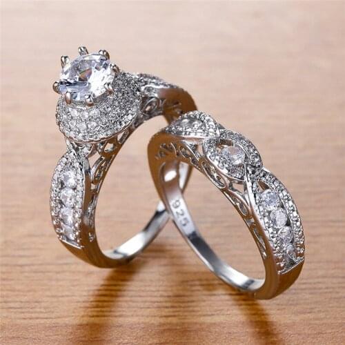 Dainty White Zircon Ring Set Luxury Crystal Stone Double Rings For Women Wedding Jewelry Vintage Silver Color Engagement Ring