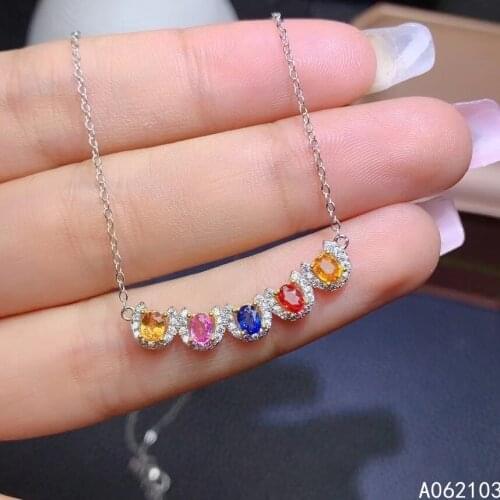 KJJEAXCMY fine jewelry 925 Sterling Silver inlaid Natural color sapphire Womens classic lovely gem pendant row chain necklace s