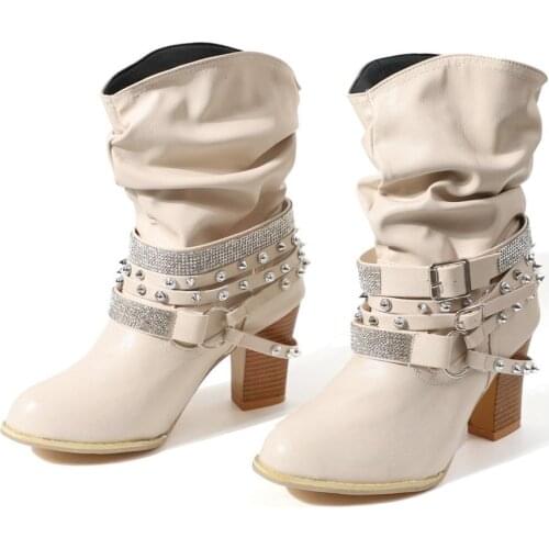 Classic Womens Boots Pointed Toe Hasp Elastic Ankle Boots Thick Heel High Heels Shoes Woman Female Rough with rhinestones Boots