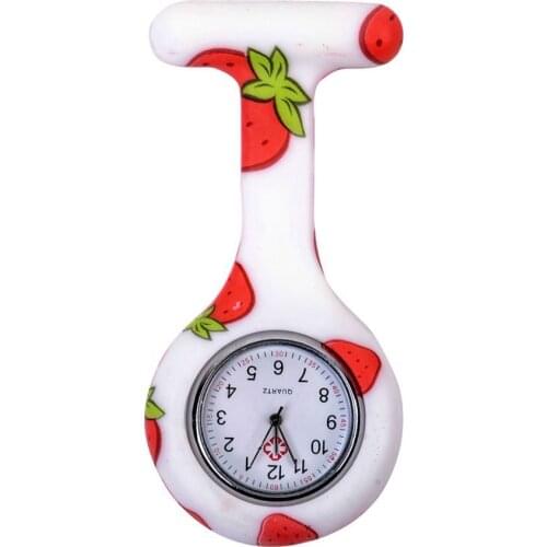 Strawberry pattern Silicone Nurses Brooch Tunic Fob Pocket Watch Stainless Dial