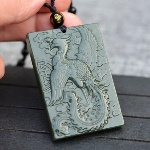 Natural Green HETIAN Nephrite Jades Pendant Carved Phoenix Dragon Pendants Necklace Gift for Mens Jades Stone Jewelry