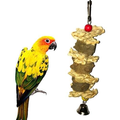 Natural Straw Wooden Bead Bell Parrot Molar Chewing Bite Hanging Birds Pet Toy Pastoral Style Bird Cage Accessory Woven Ornament