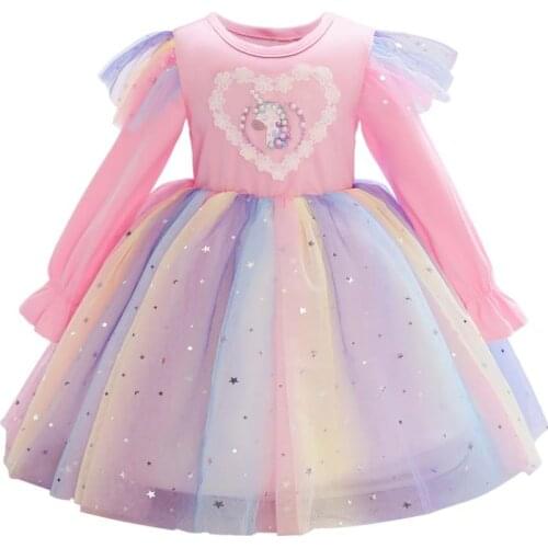 New Spring Autumn Girls Unicorn Sequins Long sleeve Little flying sleeve Princess Dress Kids Dresses Children Party Dress 2-10Y