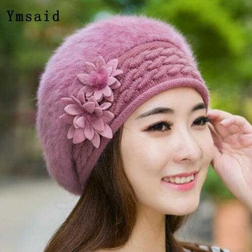 Ymsaid New Arrival Elegant Women Knitted Hats Rabbit Fur Cap Autumn Winter Hat Ladies Female Fashion Warm Skullies Beret Hat