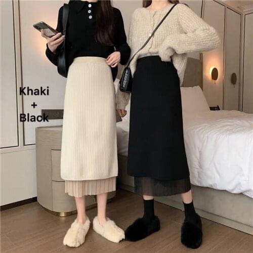 Pleated knit skirt for women in autumn and winter with long A-bag hip skirt on both sides