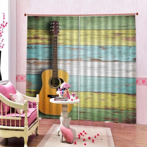 Custom 3d Artistic Shower Curtains Guitar Acoustic Guitar On Wooden Planks Blackout Curtains For Living room bedroom Home Drapes