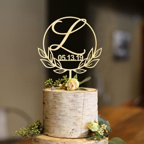 Custom Initial with Date Circle Half Wreath Cake Topper,Personalized Initial Cake Topper, Personalized Date Cake Topper, Modern