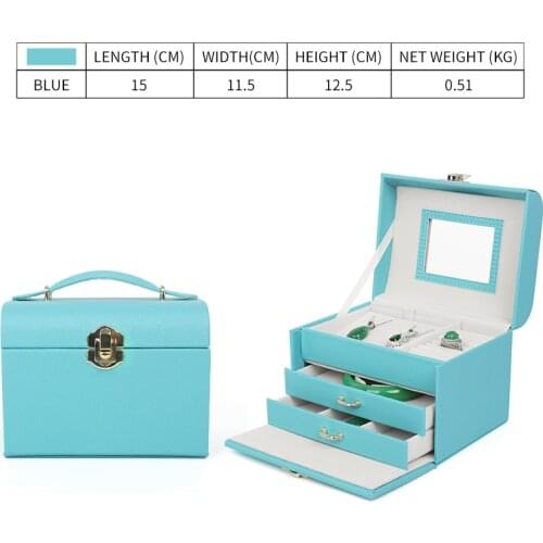 Portable Pu Leather Blue Jewelry Storage Box With Mirror For Femal Earring Ring Pendent Bracelet Showcase Jewellery Display Case