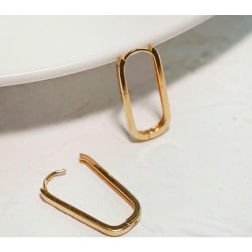 Simple Design Geometric Rectangular Lock Buckle Gold Color Metal Brass Oval Shape Small Hoop Earrings Women Party Jewelry
