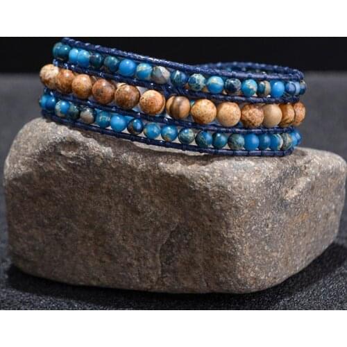 Natural Picture Stone Beaded Wrap Bracelet for Women Boho Handmade Blue Emperor Stone 3 Rows Cuff Bracelets Jewelry Dropshipping