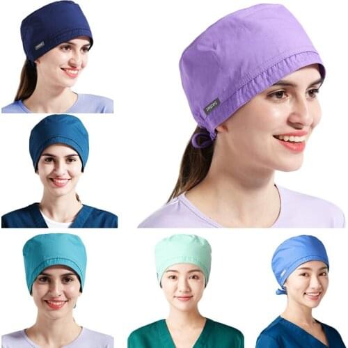 Women Men Solid Color Scrub Hat Flat Top Adjustable Tie Back Dentist Beauty Doctor Nurse Working Bouffant Cap with Sweatband