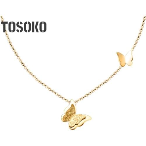 TOSOKO Stainless Steel Jewelry Little bButterfly Necklace Frosted Butterfly Lady Fashion Clavicle Chain BSP045
