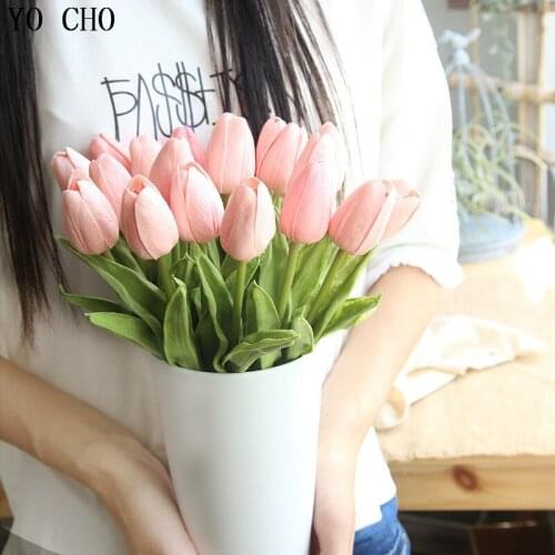YO CHO High Quality Artificial Flowers 10 Heads Real Touch PU Tulip Flowers For Office Home Decor Festival Gift Party Decor DIY