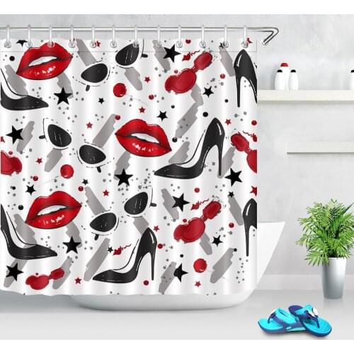 Sexy Red Lips High Heeled Printed Shower Curtain Fashion Women Makeup Decor Bath Shower Curtains Bathroom Home Decorations