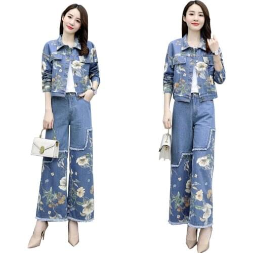 Female Spring 2-Piece Set 2021 Women Denim Pants Two SetRetro Cowboy Short Jacket+Wide Leg Pants Two-piece Suit Lady Pants Set