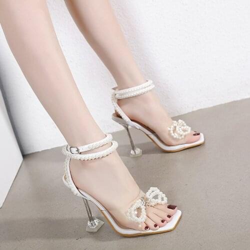 2021 New women shoes crystal heel sandals sexy high heels sandals summer party wedding shoes pearls bowtie pumps big size 42
