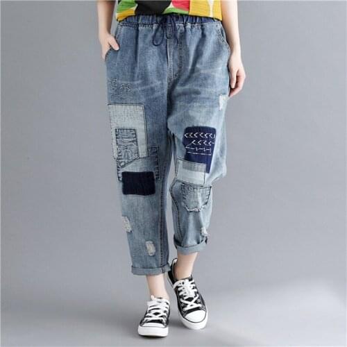 Johnature Fashion New Loose Patchwork Denim Pants 2021 Summer Elastic Waist Hole Tie Casual Ankle-Length Women Jeans Pants