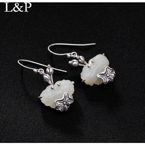 Genuine 925 Sterling Silver HETIAN Jade Drop Earrings Elegant Louts Flower Original Handmade Jewelry For Women Gifts 2019s